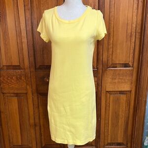 Talbots Yellow Crew Neck Shortsleeved Cotton Tee Shirt Dress Gold Toned Buttons